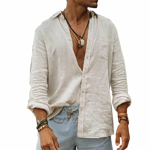 Classica Camicia in Misto Cotone e Lino da Uomo in Tinta Unita
