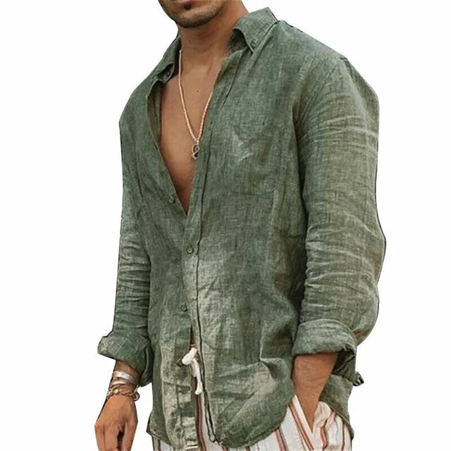 Classica Camicia in Misto Cotone e Lino da Uomo in Tinta Unita