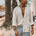 Classica Camicia in Misto Cotone e Lino da Uomo in Tinta Unita