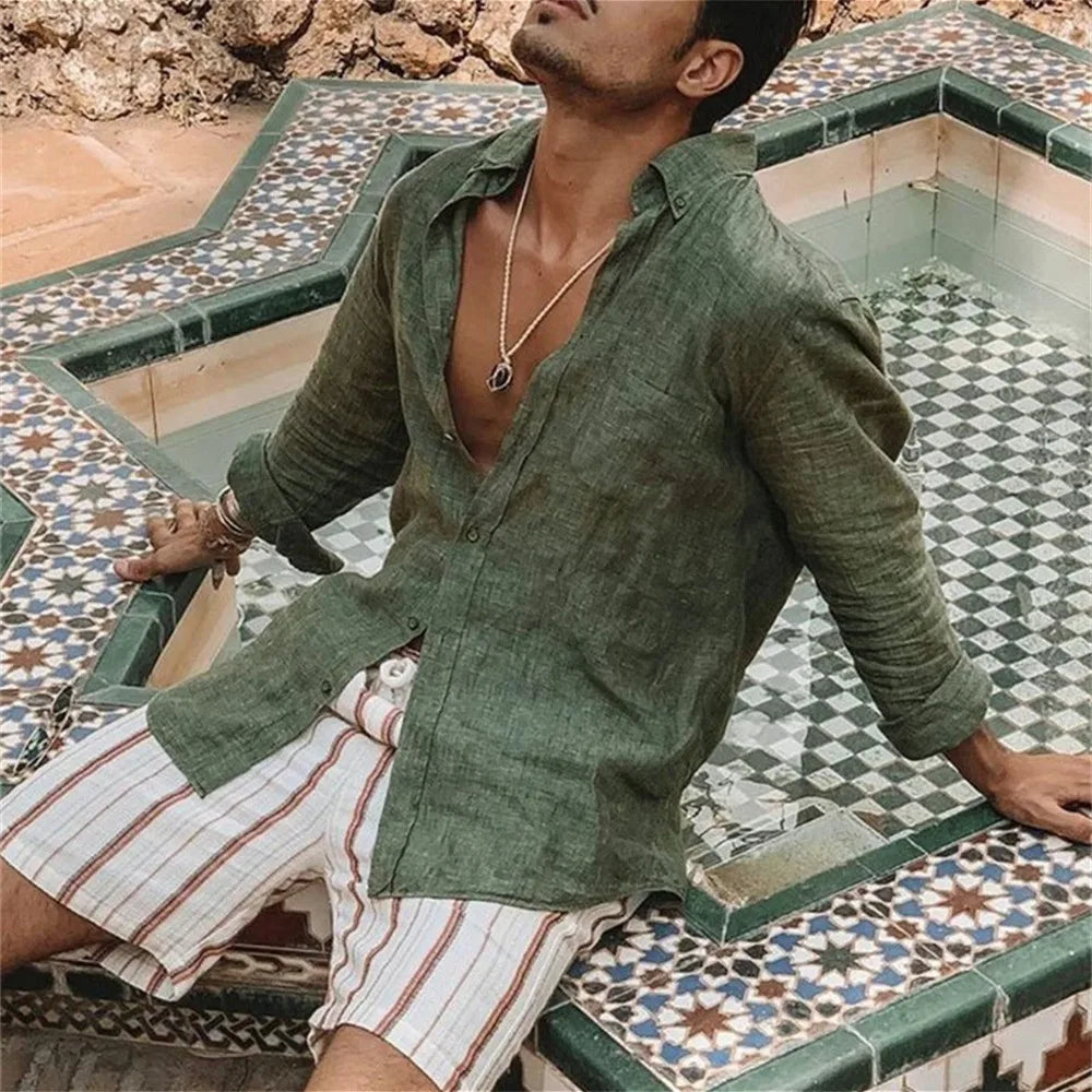 Classica Camicia in Misto Cotone e Lino da Uomo in Tinta Unita