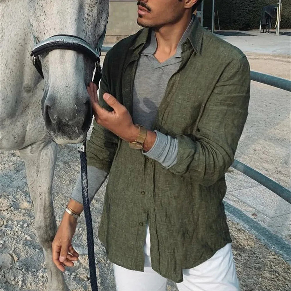 Classica Camicia in Misto Cotone e Lino da Uomo in Tinta Unita