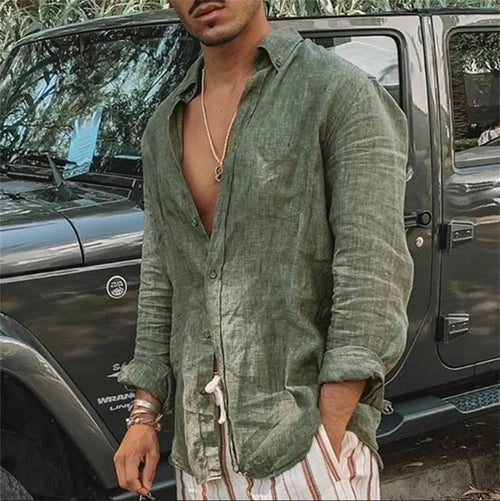 Classica Camicia in Misto Cotone e Lino da Uomo in Tinta Unita