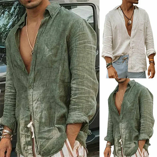 Classica Camicia in Misto Cotone e Lino da Uomo in Tinta Unita