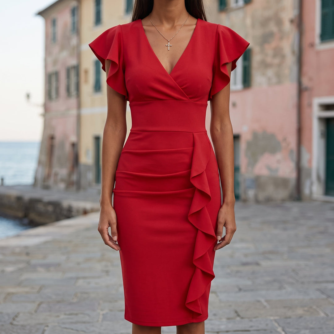 Abito Bodycon con Maniche a Farfalla e Orlo a Balze
