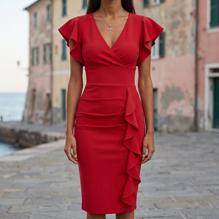Abito Bodycon con Maniche a Farfalla e Orlo a Balze