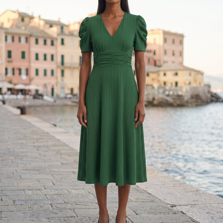 Abito midi da donna con scollo a V e maniche a sbuffo, vista frontale