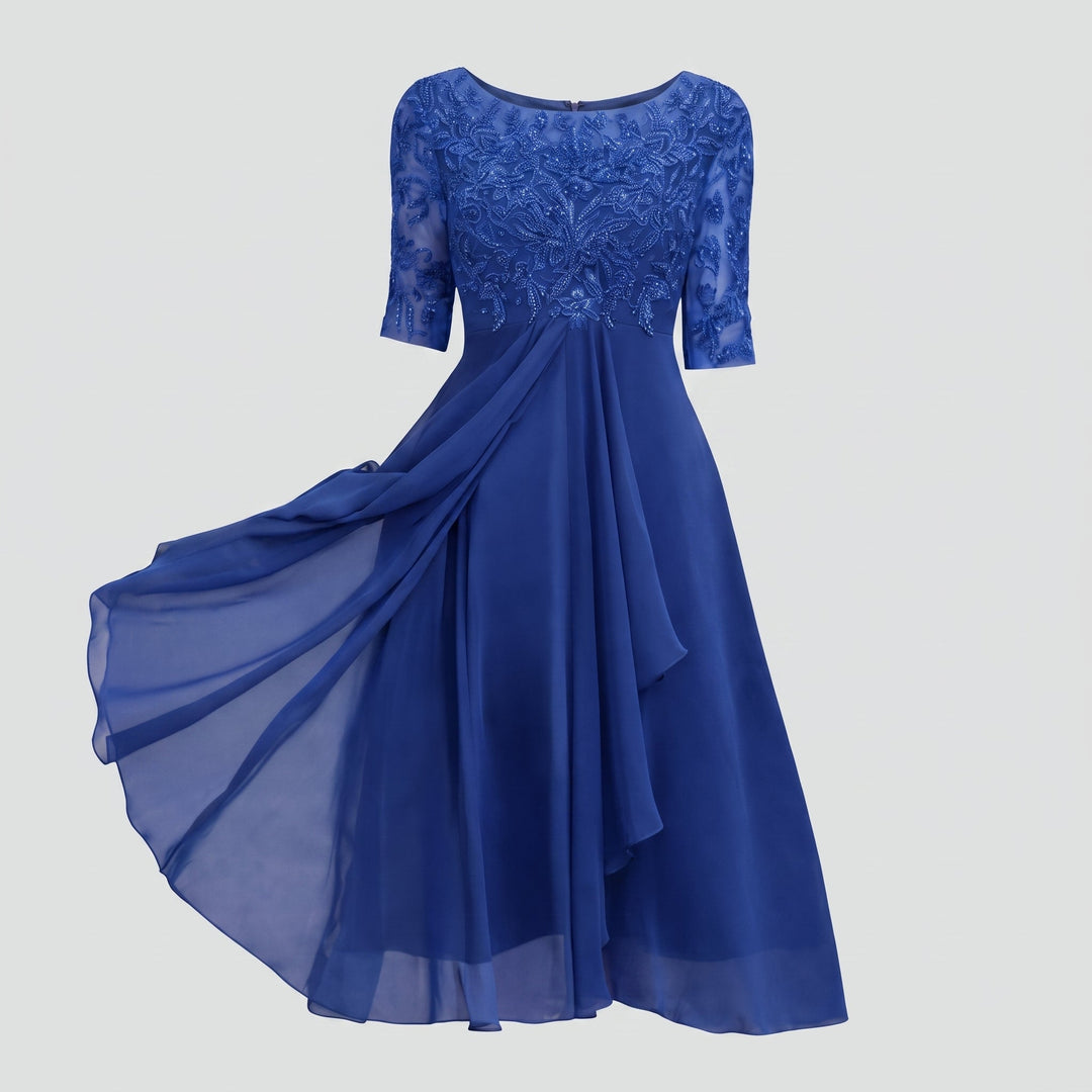 Abito Midi da Sera con Parte Superiore in Pizzo e Gonna in Tulle