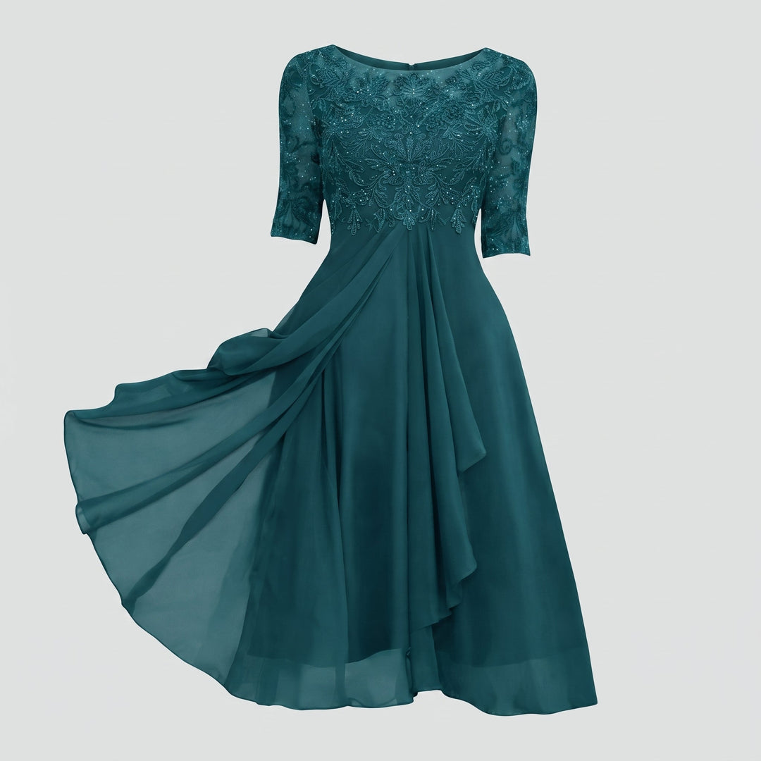 Abito Midi da Sera con Parte Superiore in Pizzo e Gonna in Tulle