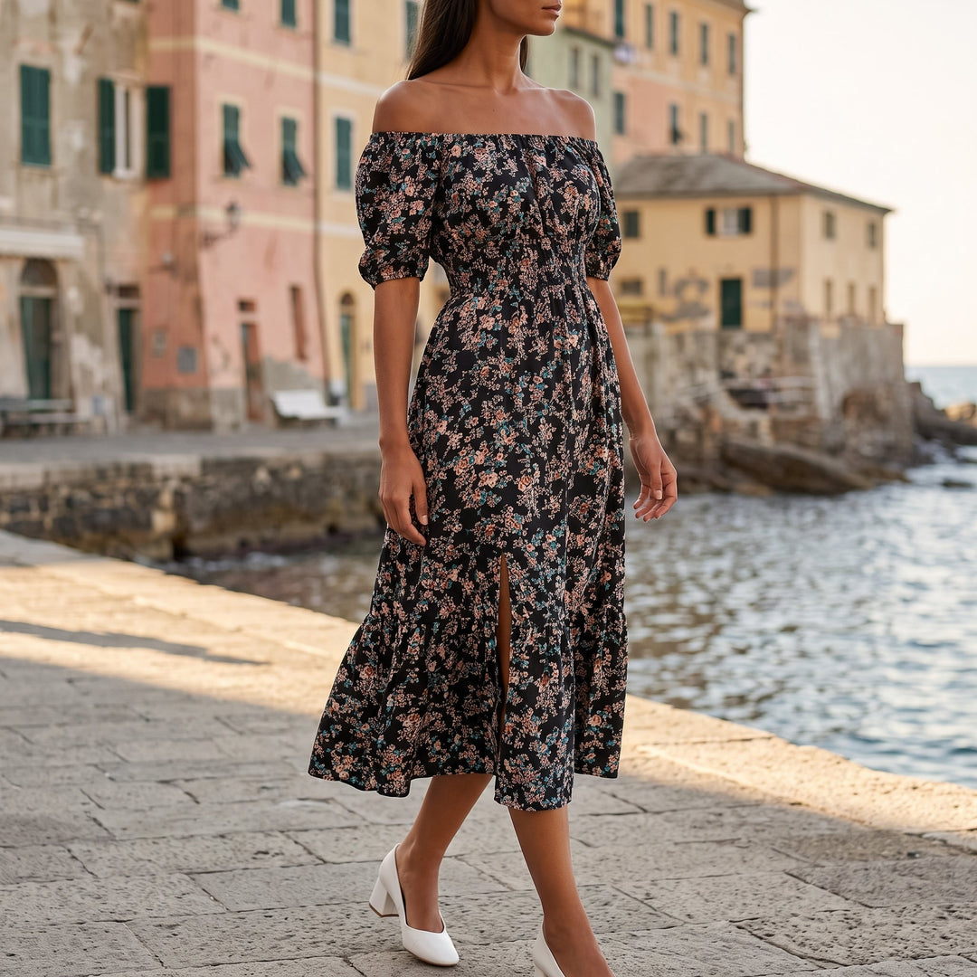 Abito a Fiori con Scollo Quadrato e Balze
