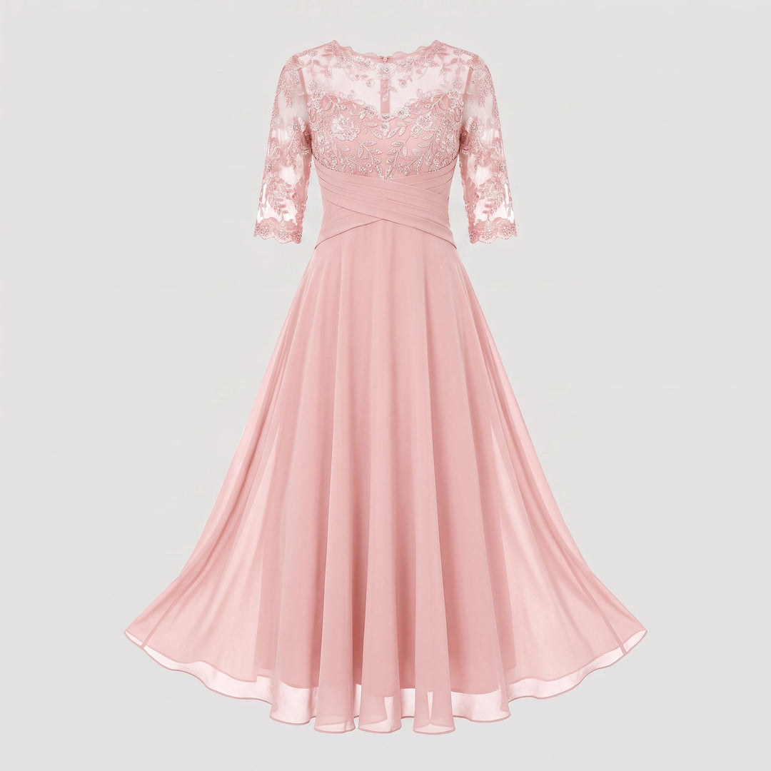 Abito da Sera Lungo con Pizzo e Chiffon a Maniche Tre Quarti