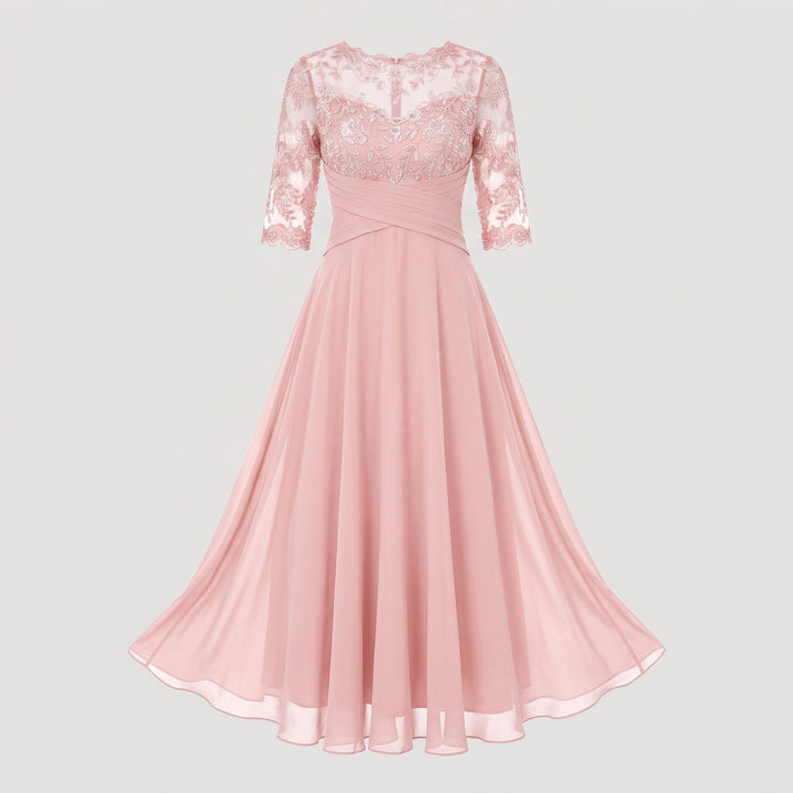 Abito da Sera Lungo con Pizzo e Chiffon a Maniche Tre Quarti