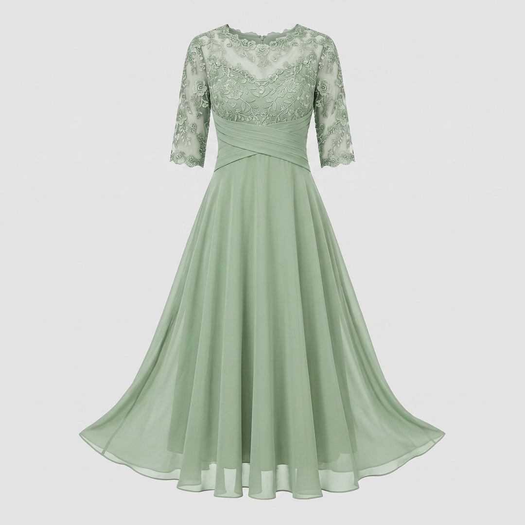 Abito da Sera Lungo con Pizzo e Chiffon a Maniche Tre Quarti