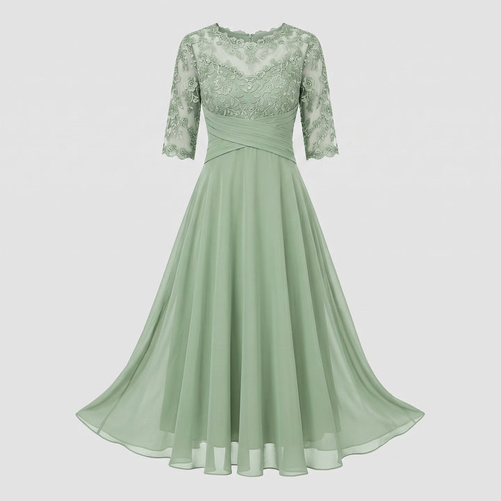 Abito da Sera Lungo con Pizzo e Chiffon a Maniche Tre Quarti