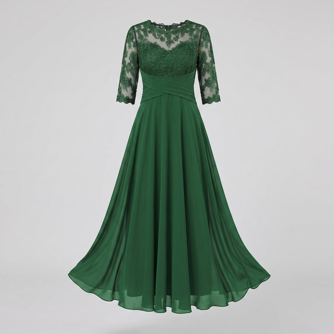 Abito da Sera Lungo con Pizzo e Chiffon a Maniche Tre Quarti