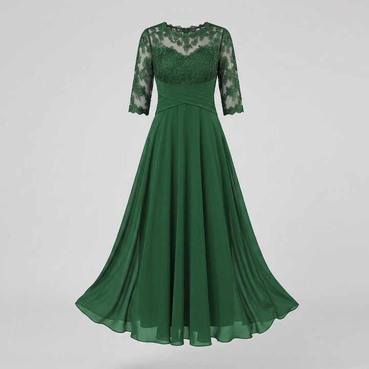 Abito da Sera Lungo con Pizzo e Chiffon a Maniche Tre Quarti