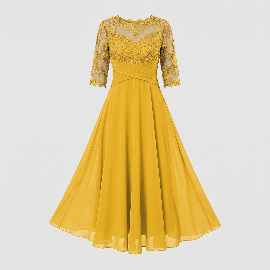 Abito da Sera Lungo con Pizzo e Chiffon a Maniche Tre Quarti