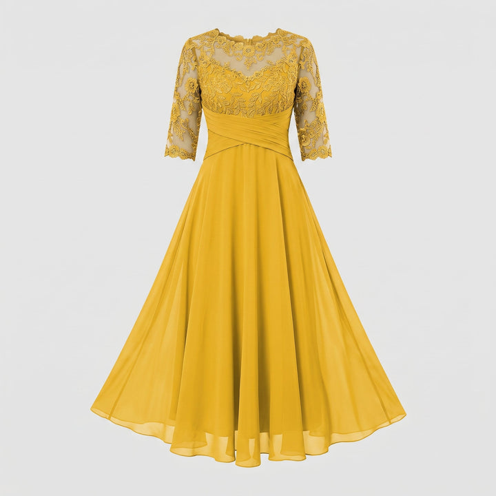 Abito da Sera Lungo con Pizzo e Chiffon a Maniche Tre Quarti