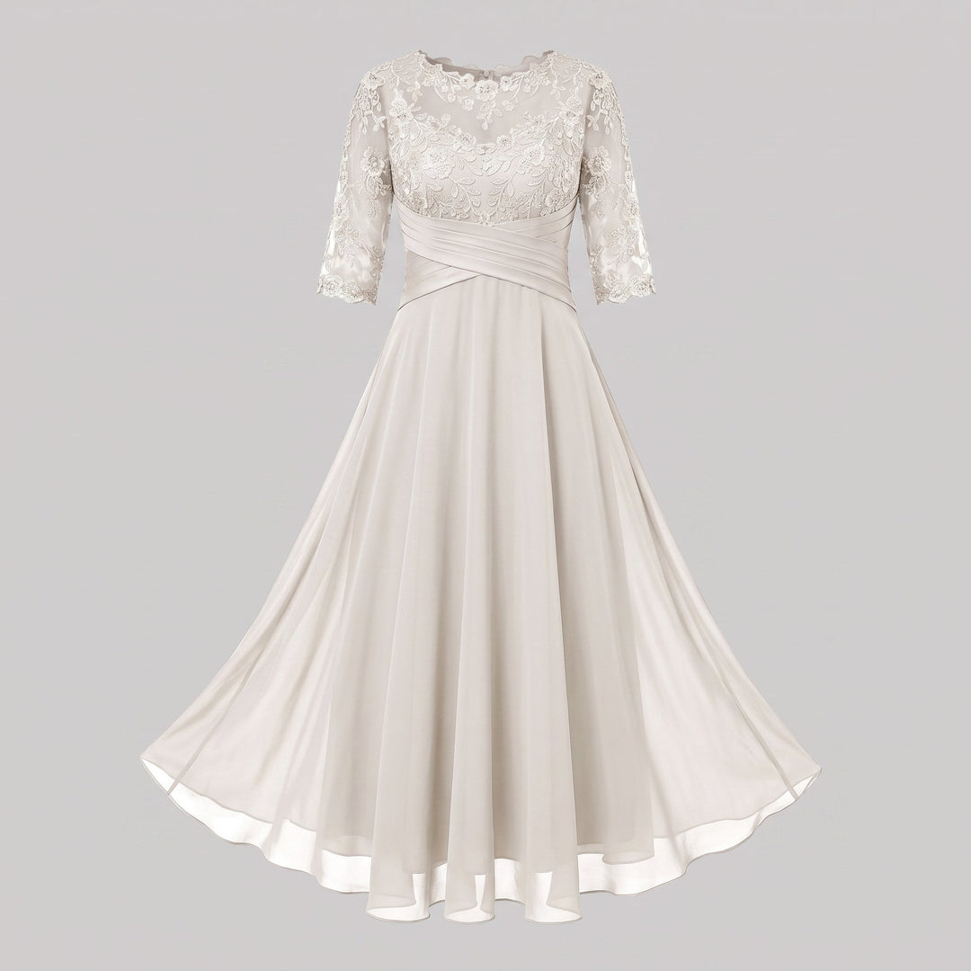 Abito da Sera Lungo con Pizzo e Chiffon a Maniche Tre Quarti