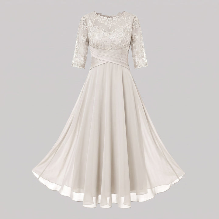 Abito da Sera Lungo con Pizzo e Chiffon a Maniche Tre Quarti