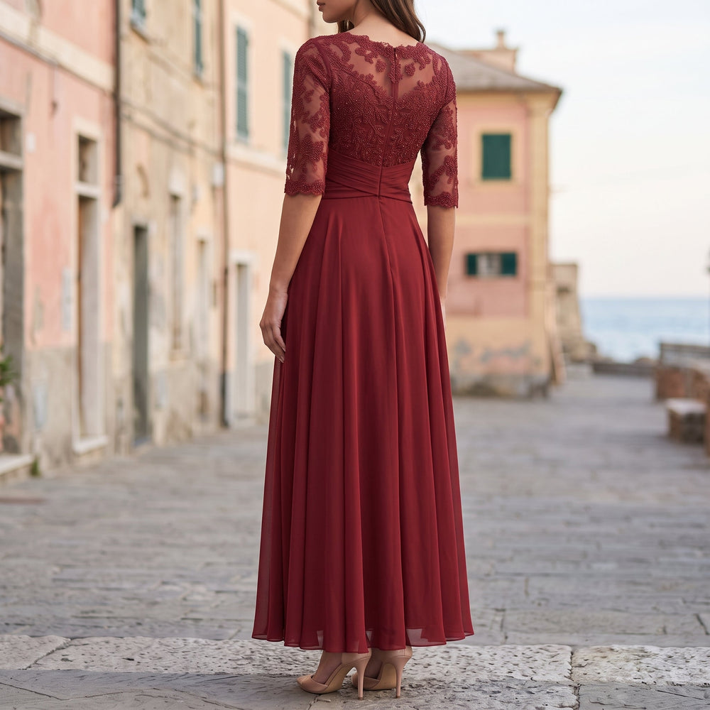 Abito da Sera Lungo con Pizzo e Chiffon a Maniche Tre Quarti