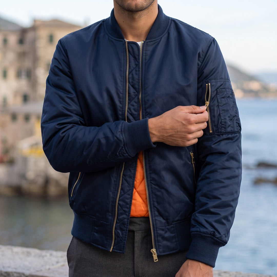 Dettaglio del polsino elastico del bomber da uomo