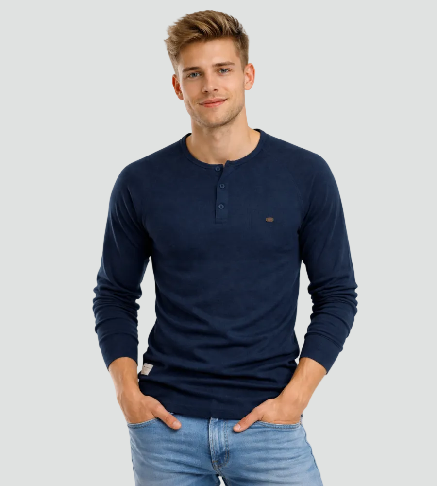 Camicia henley da uomo a maniche lunghe con bottoni al collo, taglio dritto