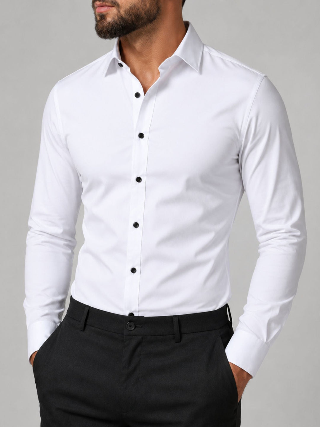 Camicia da uomo a maniche lunghe con bottoni scuri a contrasto sul davanti