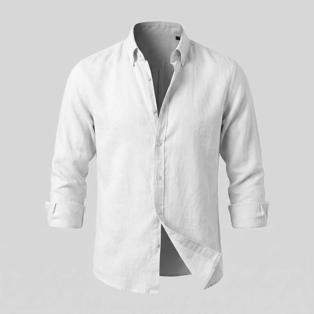 Dettaglio del colletto e della chiusura a bottoni della camicia da uomo