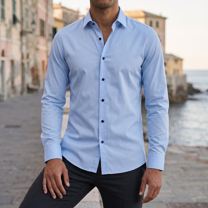 Camicia da uomo a maniche lunghe con collo classico e chiusura frontale a bottoni