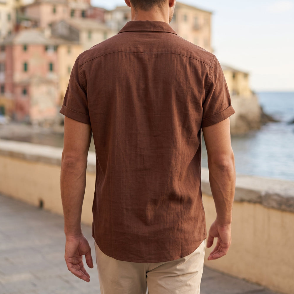 Camicia da Uomo in Lino con Colletto Aperto e Abbottonatura Frontale