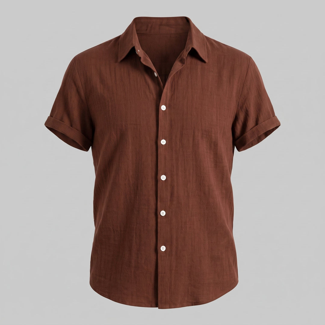 Camicia da uomo a maniche corte in lino con colletto aperto e abbottonatura frontale, vestibilità ampia