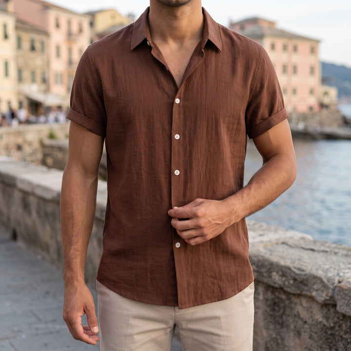 Camicia da Uomo in Lino con Colletto Aperto e Abbottonatura Frontale