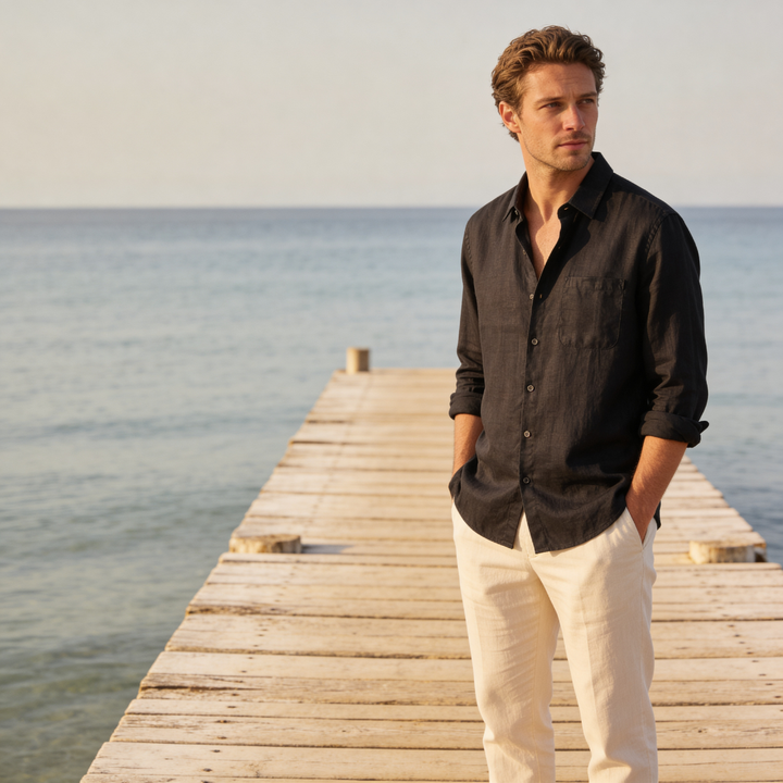 Camicia da Uomo in Lino con Colletto Classico e Taschino