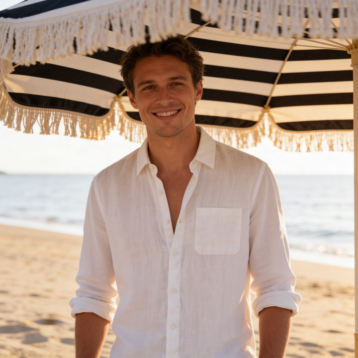 Camicia da uomo in lino a maniche lunghe con colletto classico e abbottonatura frontale