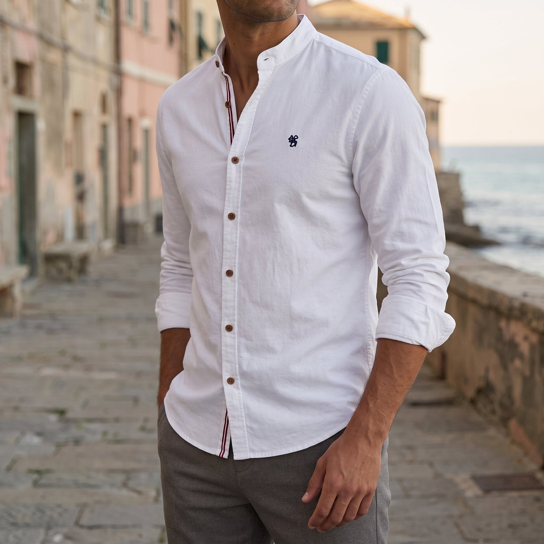 Camicia da uomo in lino a maniche corte con collo alla coreana, vista frontale