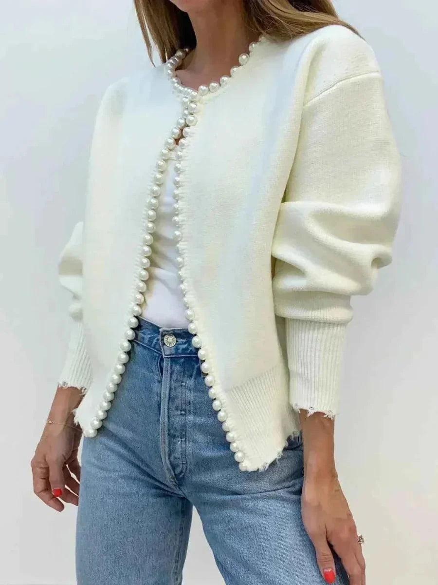 Cardigan lungo aperto con bordino di perline e orlo sfrangiato, vista frontale