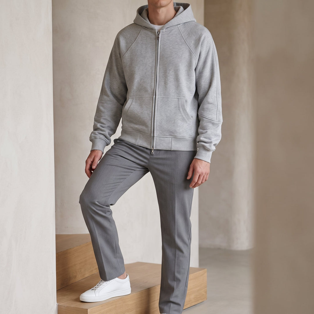 Cardigan da uomo con cappuccio fisso e doppia zip frontale, vista frontale