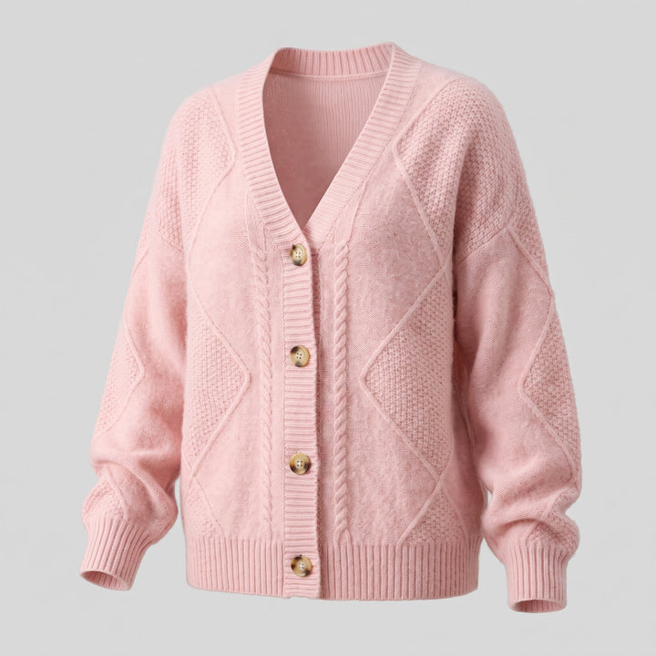 Dettaglio dei bottoni frontali del cardigan in cashmere da donna