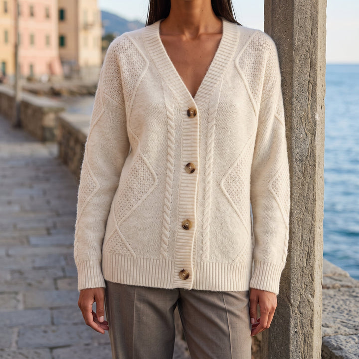 Cardigan da donna in cashmere con chiusura a bottoni frontale e maniche lunghe, vista frontale