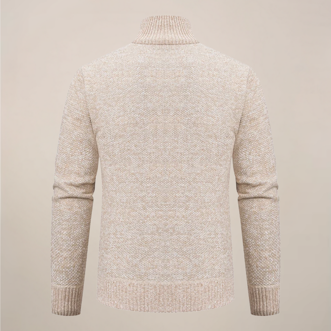 Dettaglio del colletto alla coreana e della zip del cardigan