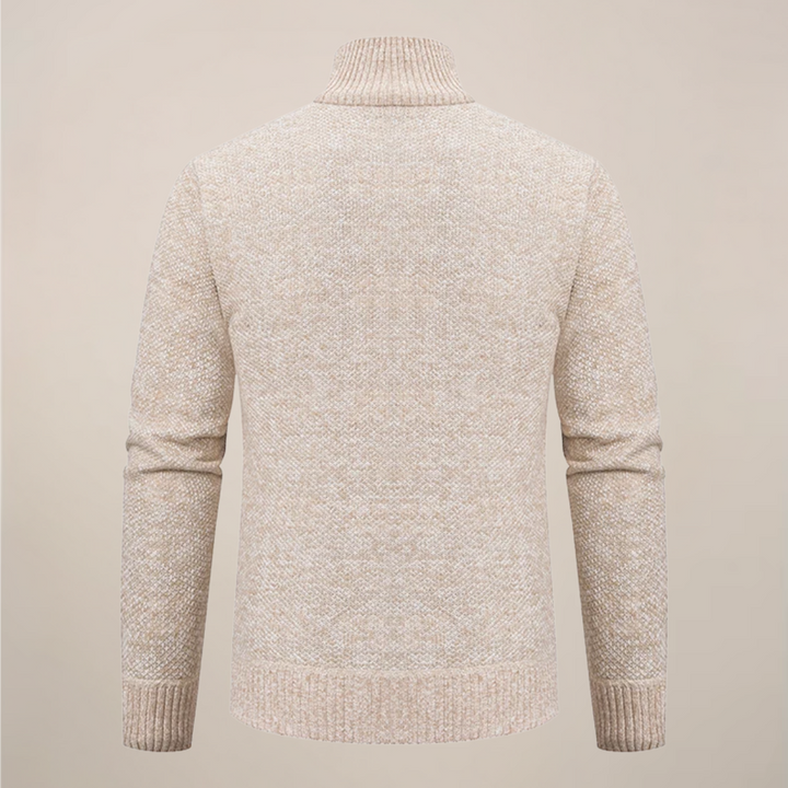 Dettaglio del colletto alla coreana e della zip del cardigan