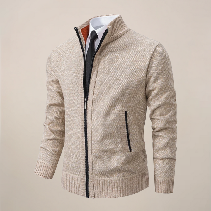 Cardigan da uomo con colletto alla coreana e zip intera, vista frontale