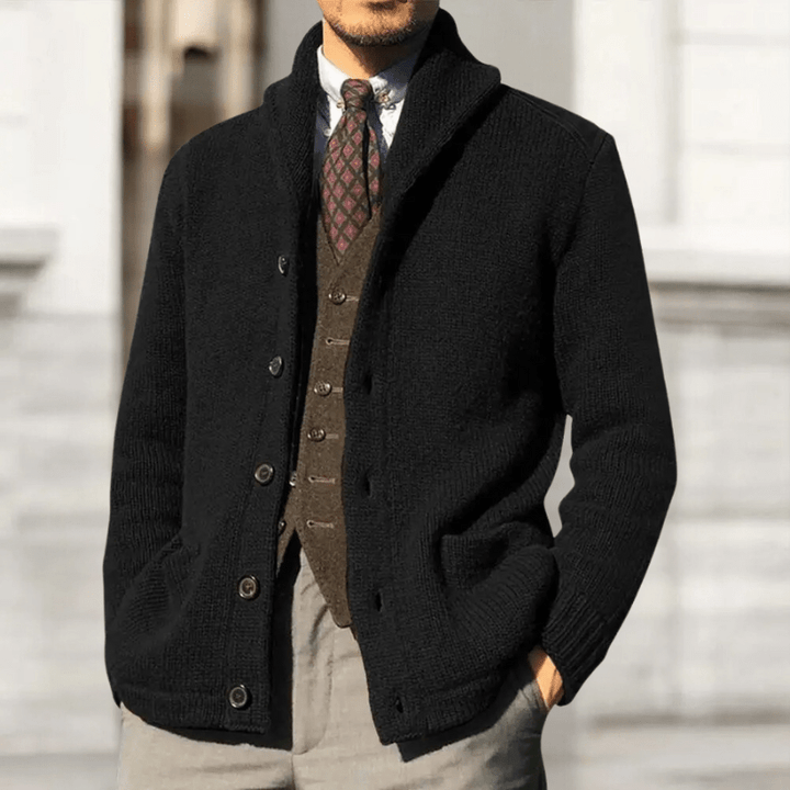 Cardigan da uomo con collo tondo e placca abbottonata frontale, vista frontale