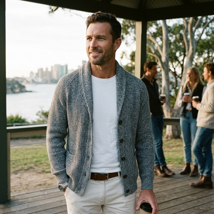 Cardigan indossato aperto in layering su una maglietta