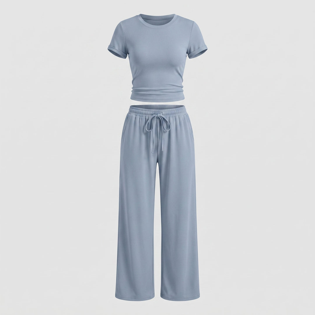 Completo Due Pezzi da Donna con Top Arricciato e Pantalone Ampio