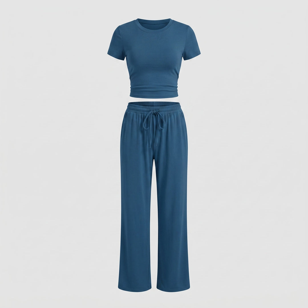 Completo Due Pezzi da Donna con Top Arricciato e Pantalone Ampio