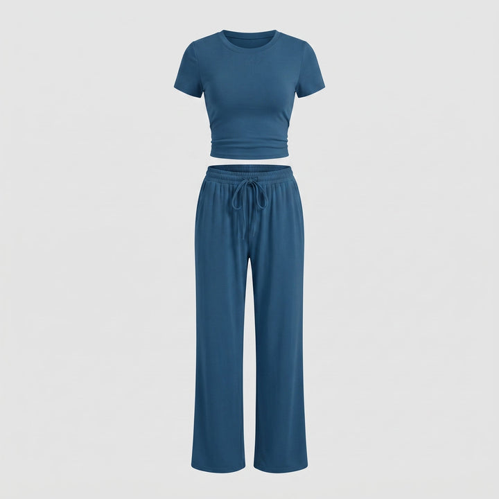 Completo Due Pezzi da Donna con Top Arricciato e Pantalone Ampio