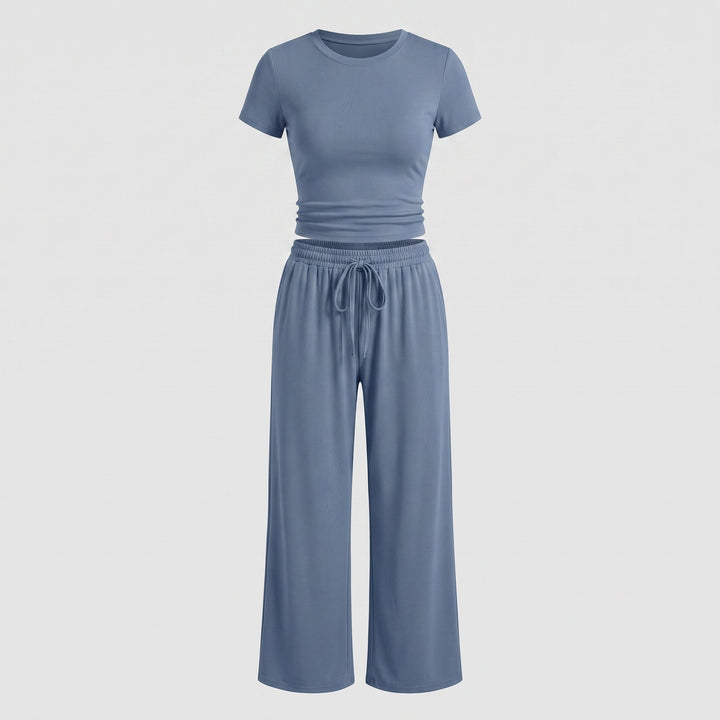 Completo Due Pezzi da Donna con Top Arricciato e Pantalone Ampio