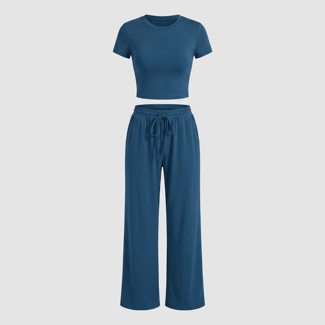 Completo Due Pezzi da Donna con Top Arricciato e Pantalone Ampio