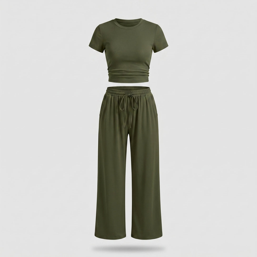 Completo Due Pezzi da Donna con Top Arricciato e Pantalone Ampio